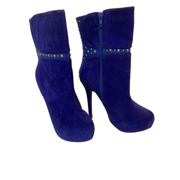 Blue Suede Studded High Heel Ankle Boots With Side Zipper For Women - Picture 3 of 3